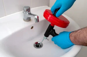 Person wearing blue gloves using a red and black drain snake tool to clear a clogged bathroom sink drain.