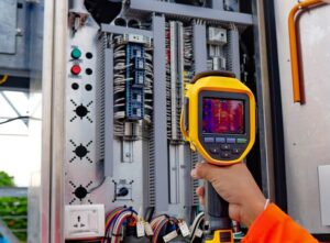 Technician in orange safety vest using thermal imaging camera to inspect electrical control panel with circuit breakers and wiring.