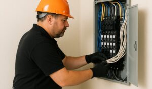 Electrician wearing orange hard hat and black gloves works on an open electrical panel with organized blue and white wiring.