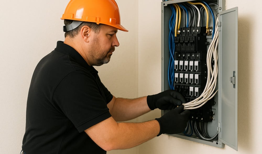 Electrician wearing orange hard hat and black gloves works on an open electrical panel with organized blue and white wiring.