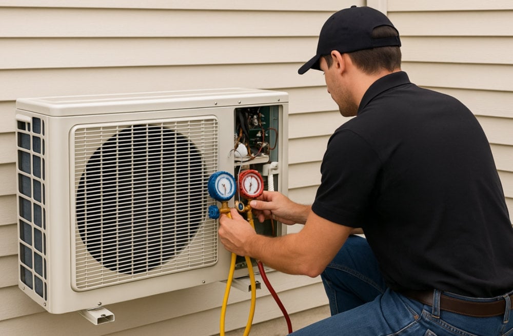 Professional technician in black cap and shirt uses diagnostic gauges to service an outdoor heat pump unit mounted on house siding.