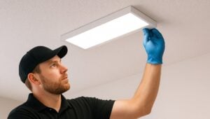 Professional worker in black cap and blue gloves installing a rectangular LED ceiling light fixture into white ceiling.