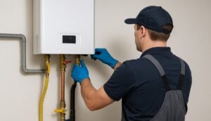 Professional plumber in blue gloves and navy uniform installs a white tankless water heater unit on wall with brass connections.