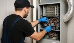 Male technician in blue gloves services an open electric furnace unit with exposed heating elements and colorful wiring.