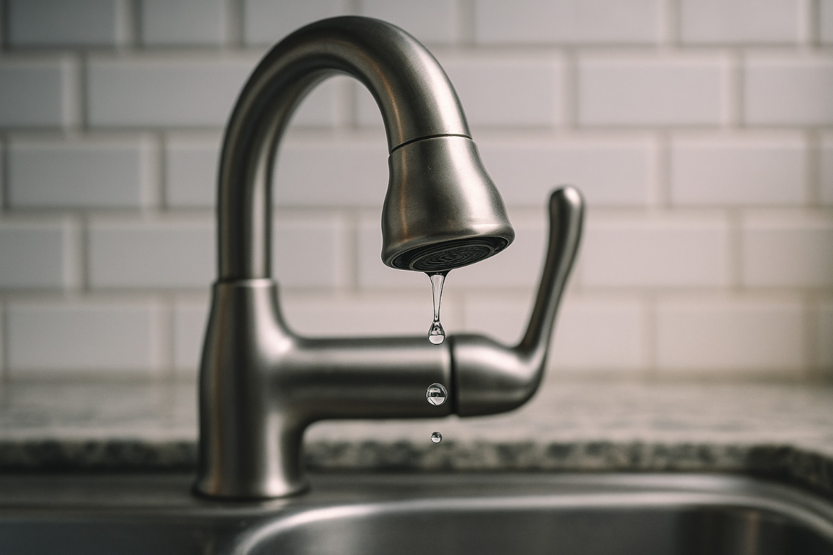 A stainless steel pull-down kitchen faucet with water droplets dripping from the spout against a white subway tile backsplash.