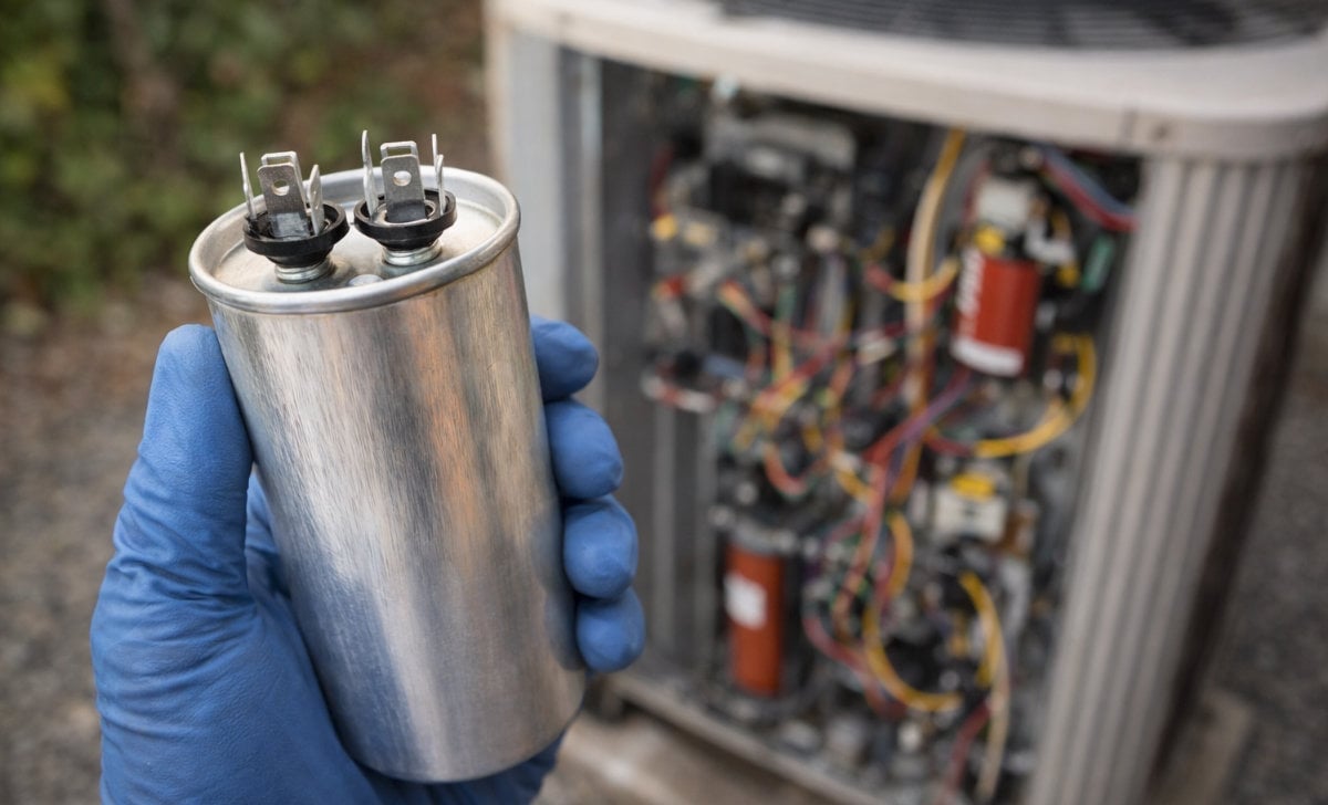 Technician wearing blue glove holding cylindrical capacitor with two terminals in front of open HVAC unit housing.