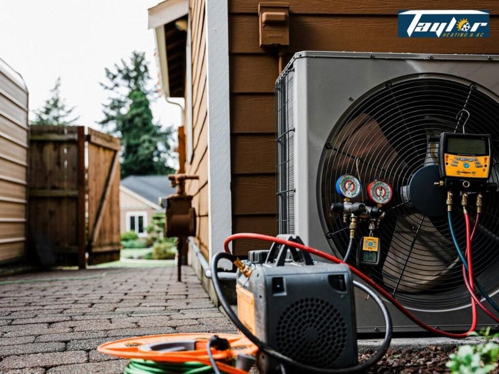 HVAC technician equipment including manifold gauges, digital meter, and air conditioning unit with fan against wooden house exterior.