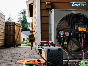 HVAC technician equipment including manifold gauges, digital meter, and air conditioning unit with fan against wooden house exterior.