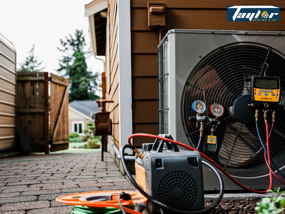 HVAC technician equipment including manifold gauges, digital meter, and air conditioning unit with fan against wooden house exterior.