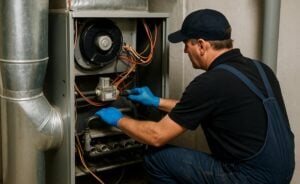 Technician in blue gloves and cap repairs internal furnace components including motor and wiring connections.