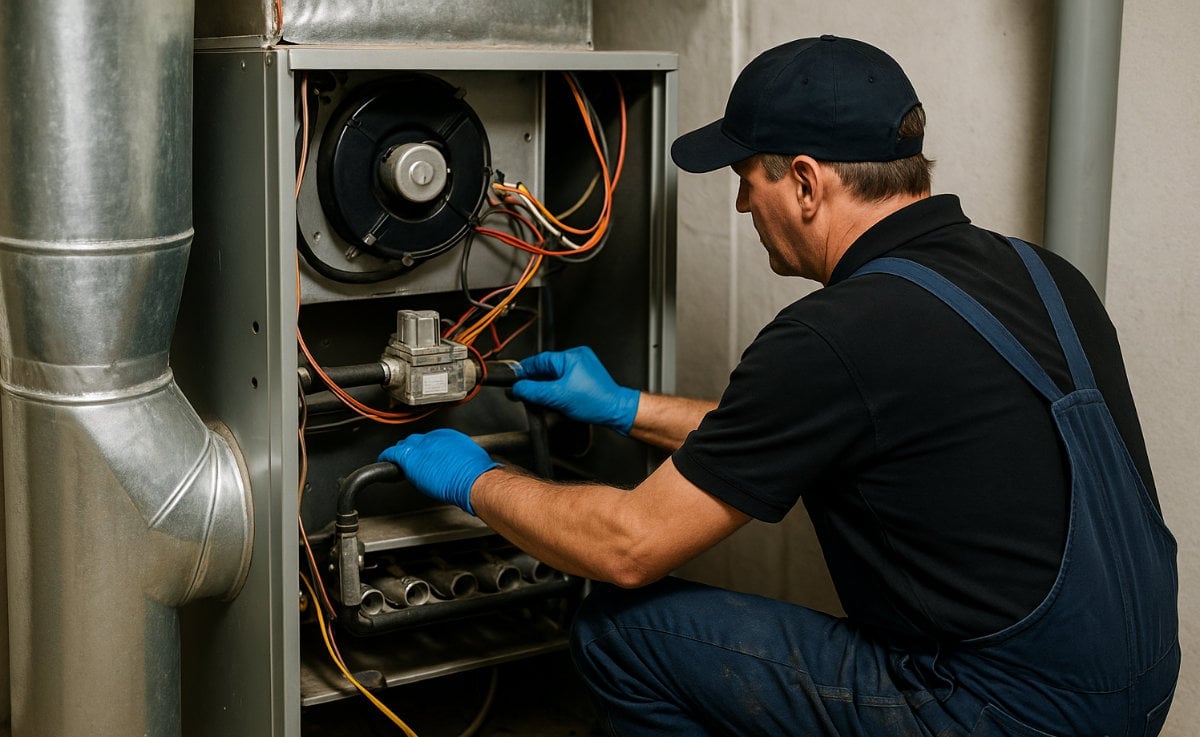 Technician in blue gloves and cap repairs internal furnace components including motor and wiring connections.